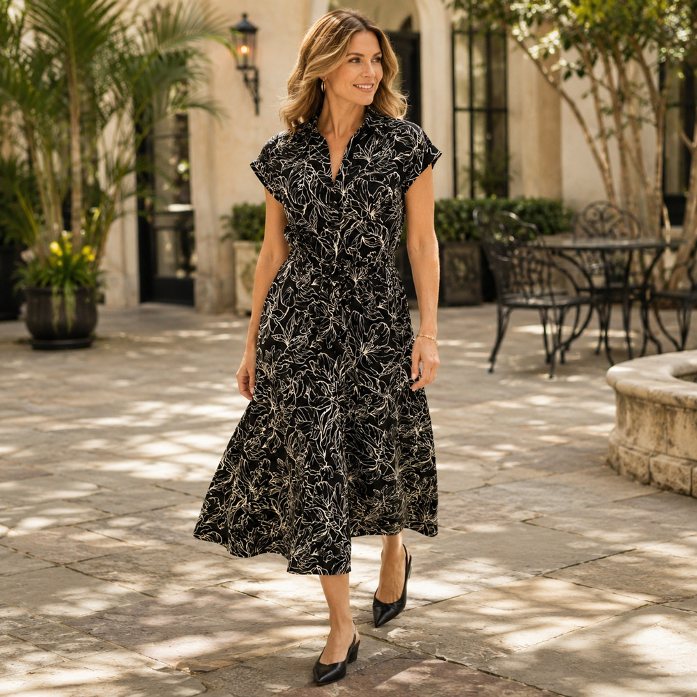 Jewel Badgley Mischka Midi Shirt Dress Size M Black Floral Tie Waist Pockets NWT